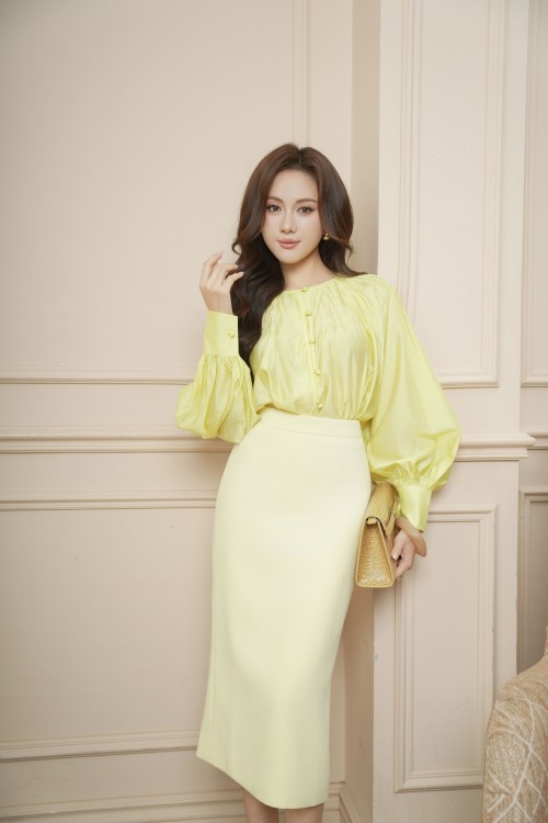 Sixdo Yellow Woven Pencil Skirt